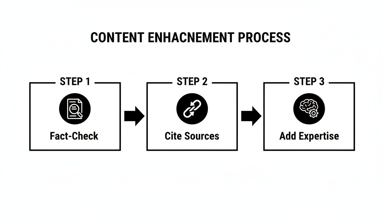 A flowchart outlining a three-step content enhancement process: Fact-Check, Cite Sources, and Add Expertise.
