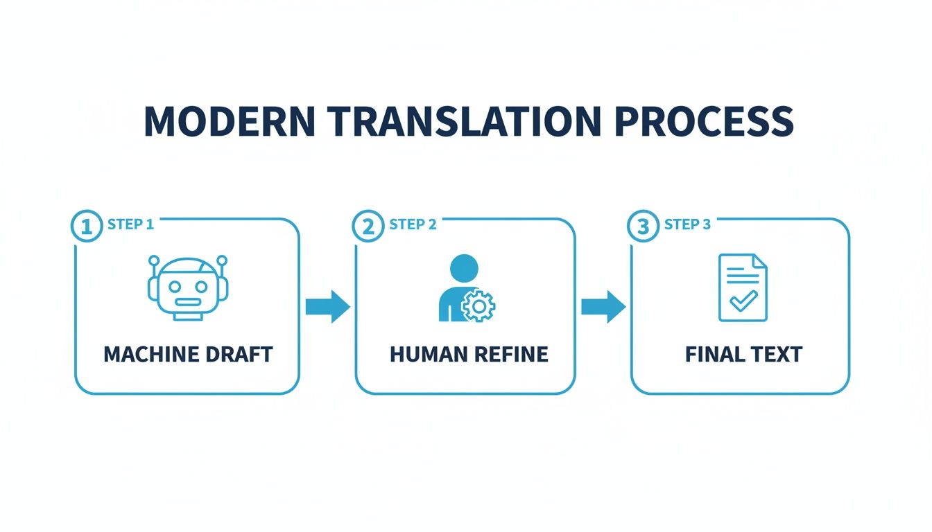 A flowchart illustrating the modern translation process with three steps: machine draft, human refine, and final text.