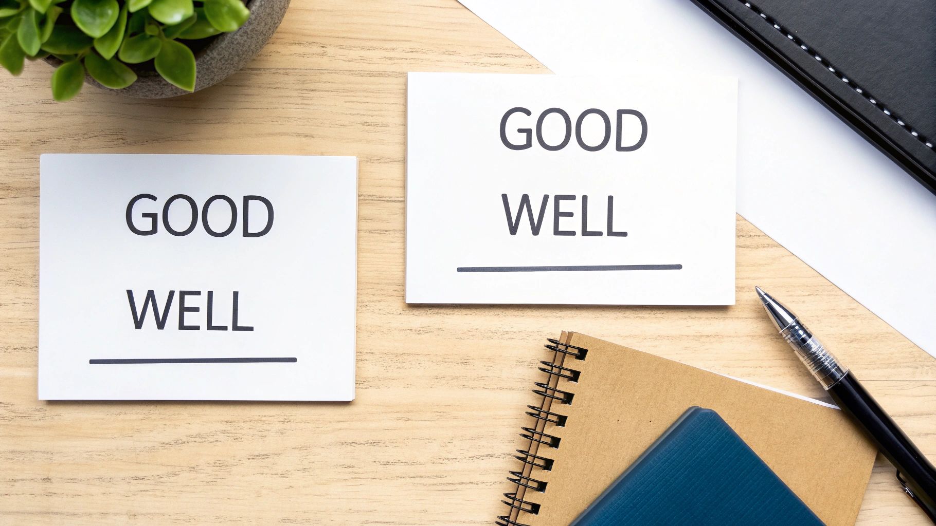 Overhead view of two white cards with "GOOD" and "WELL" on a wooden desk, with a plant and notebooks.
