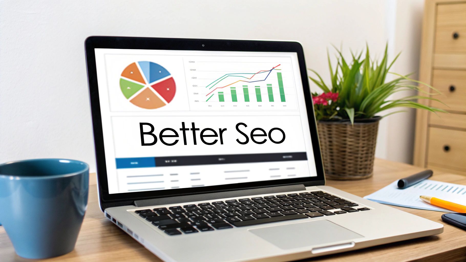 A laptop on a wooden desk displaying 'Better Seo' with data charts, beside a blue mug and plant.