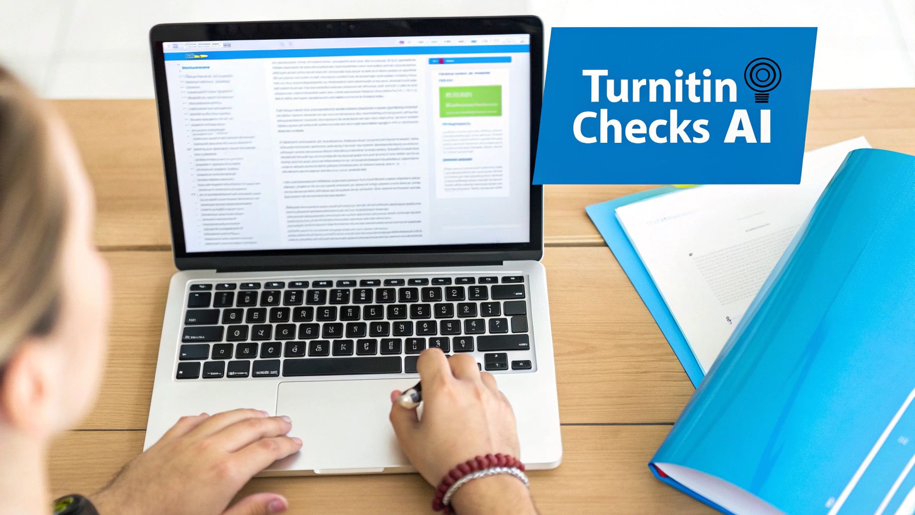 Person using a laptop, displaying Turnitin's AI detection software on a wooden desk.