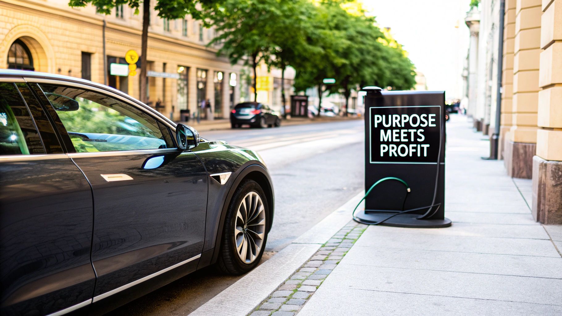A black electric car parked on a city street, charging beside a 'Purpose Meets Profit' sign.