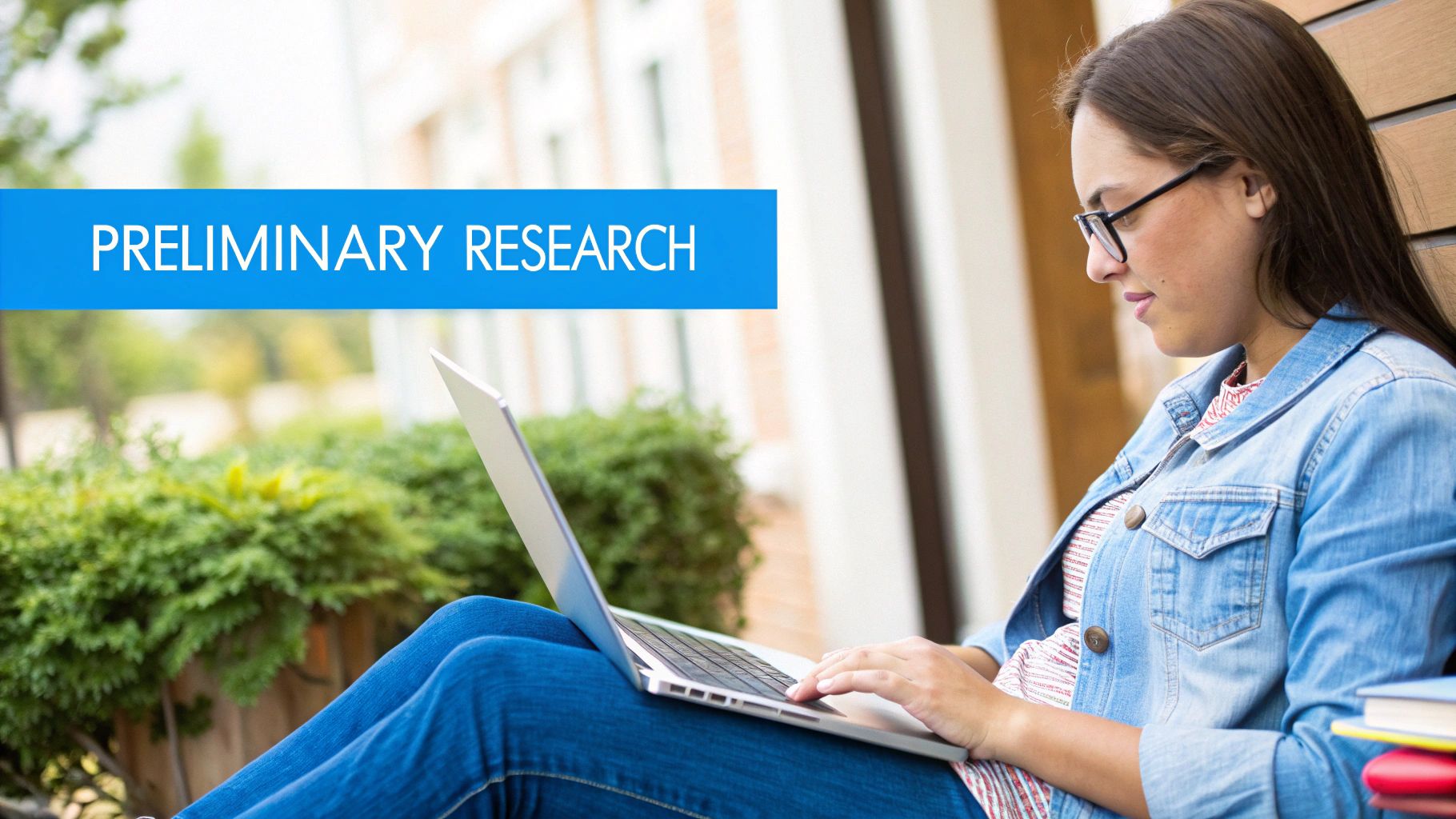 A researcher organizing notes and sources on a digital tablet, looking focused.