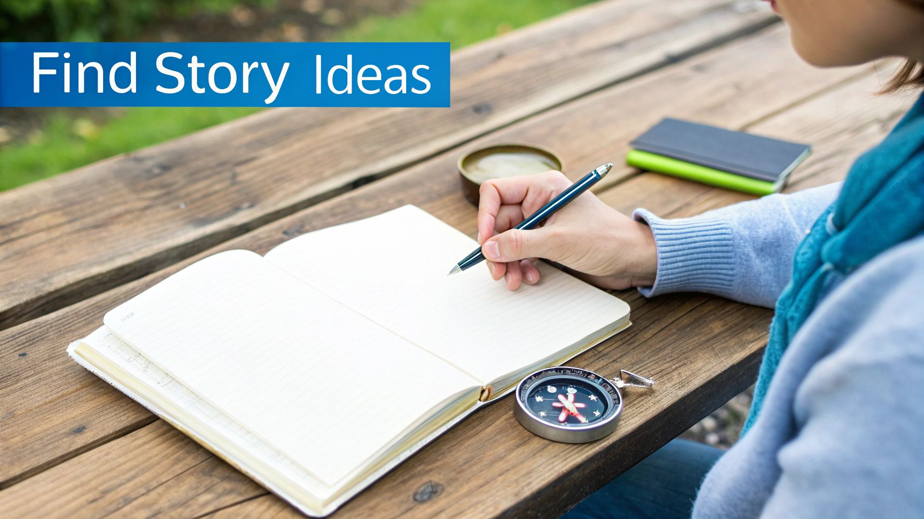 A person writing in anotebook surrounded by crumpled papers, symbolizing the process of generating story ideas.