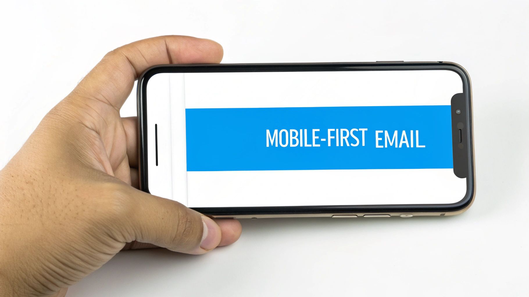 A hand holds a smartphone displaying the text "MOBILE-FIRST EMAIL" on a blue banner.