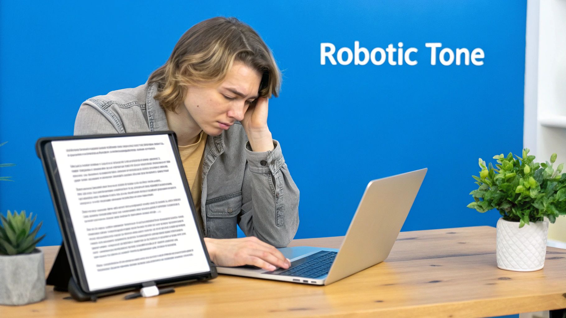 A person typing on a laptop with abstract digital patterns overlaying the image, representing the blend of human and AI writing.