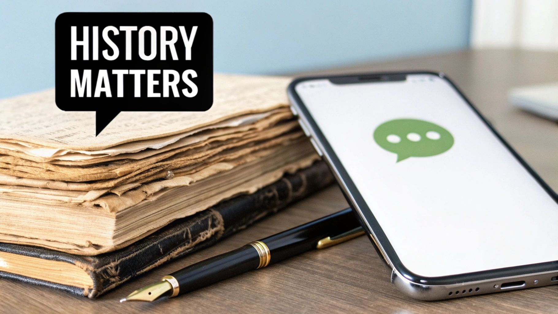 An old book, a smartphone displaying a chat icon, and a fountain pen on a desk. A speech bubble above the book says 'HISTORY MATTERS'.