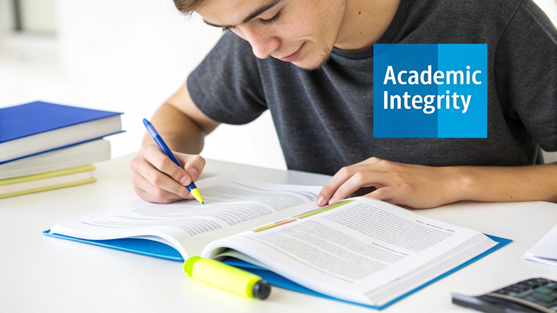 A student highlights text in a book with a pen, promoting academic integrity.