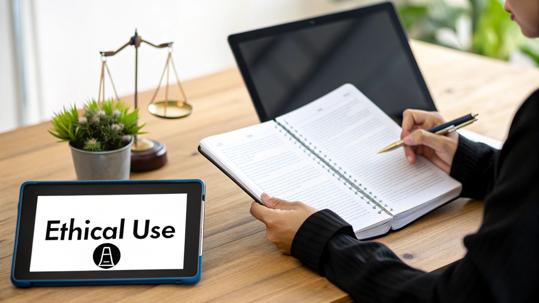 A person writes in a notebook on a desk with a laptop, tablet showing 'Ethical Use', and scales of justice.