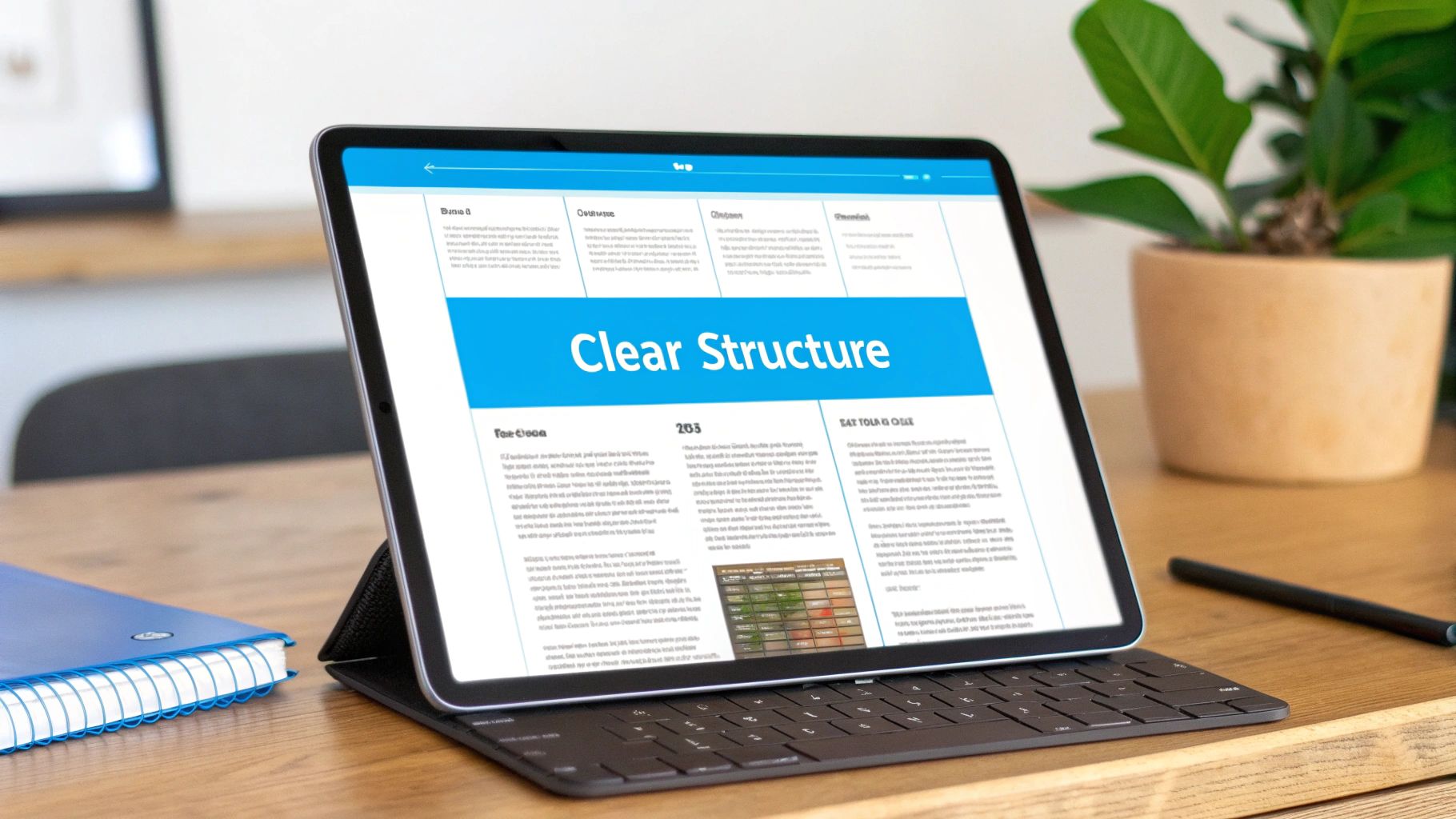 A tablet displaying a document with 'Clear Structure' on a desk next to a notebook and plant.