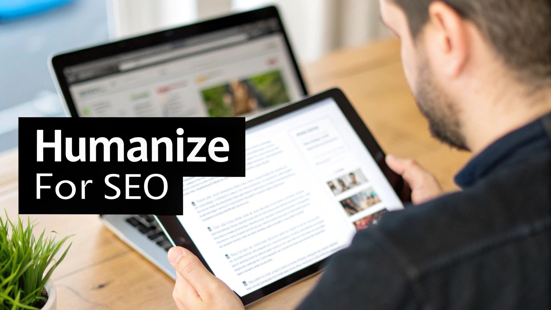 A person reads on a tablet next to a laptop, with text overlay 'Humanize For SEO' suggesting digital content strategy.