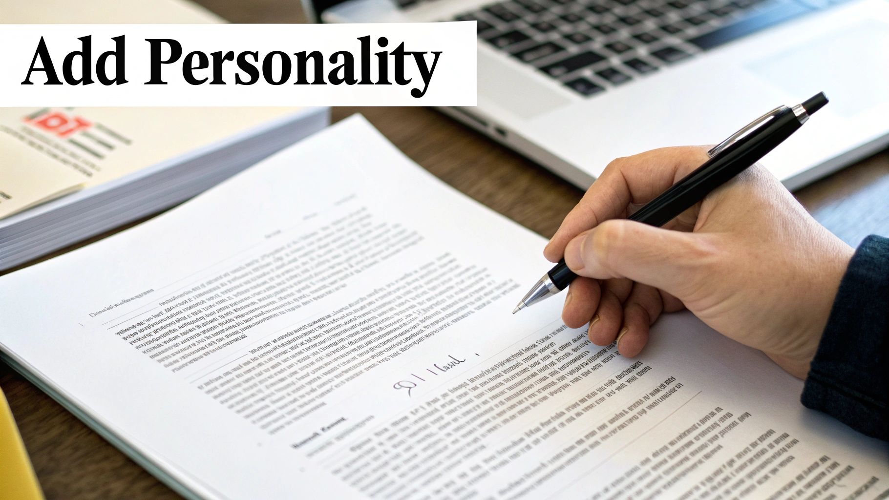 A hand holding a pen, writing on a document with a laptop in the background and text "Add Personality."