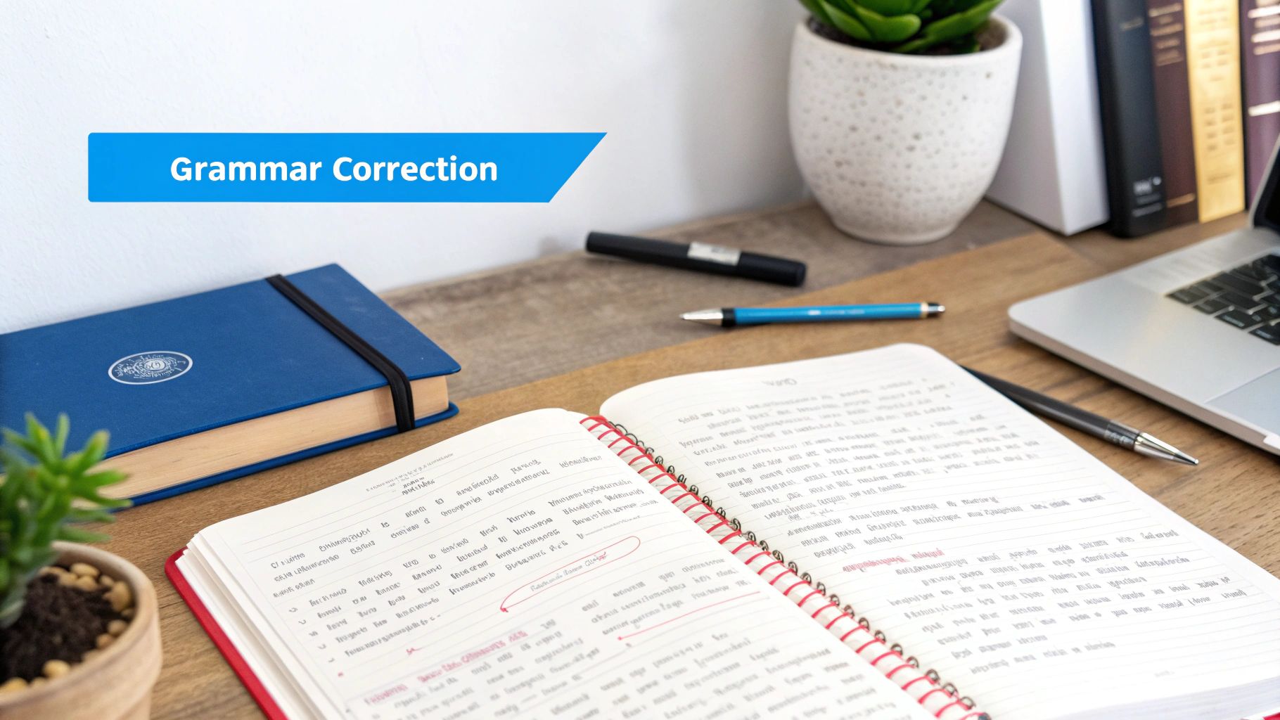 A close-up of a person typing on a laptop with Grammarly's suggestions visible on the screen