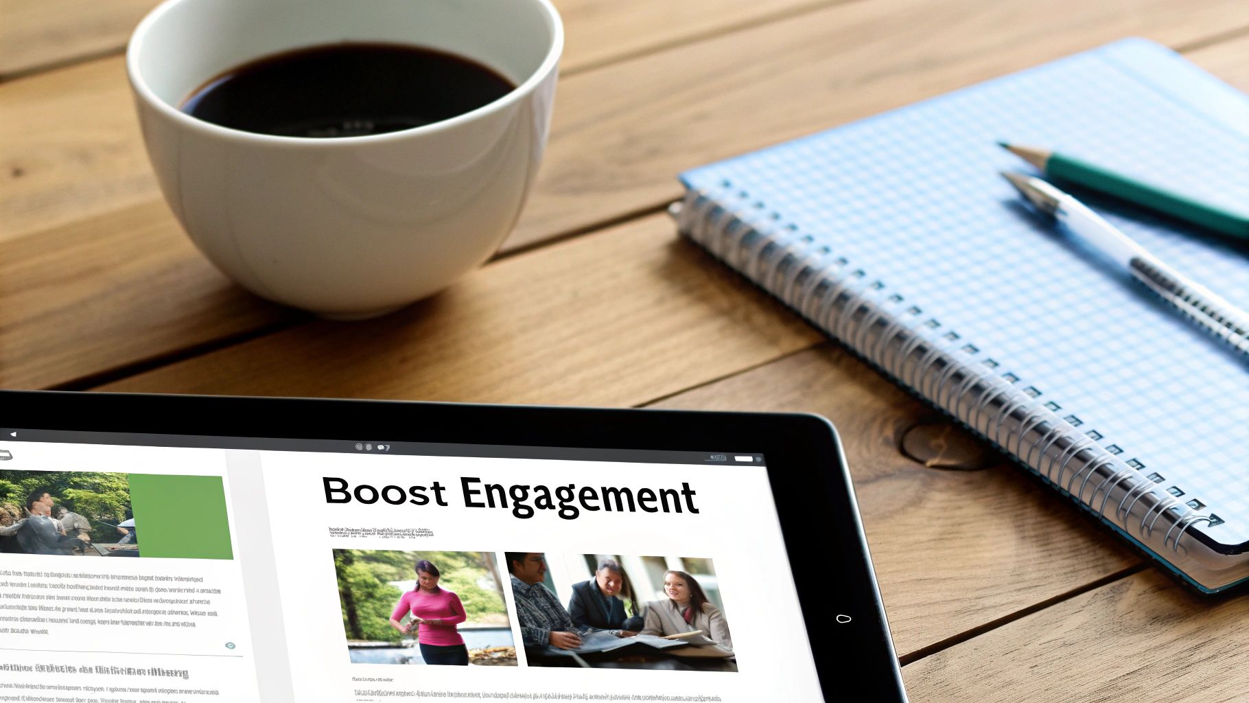 Tablet showing 'Boost Engagement' content, with a coffee cup, notebook, pen, and pencil on a wooden desk.