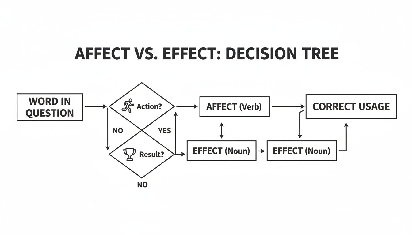 Decision tree flow chart clarifying 'Affect' as a verb (action) and 'Effect' as a noun (result).