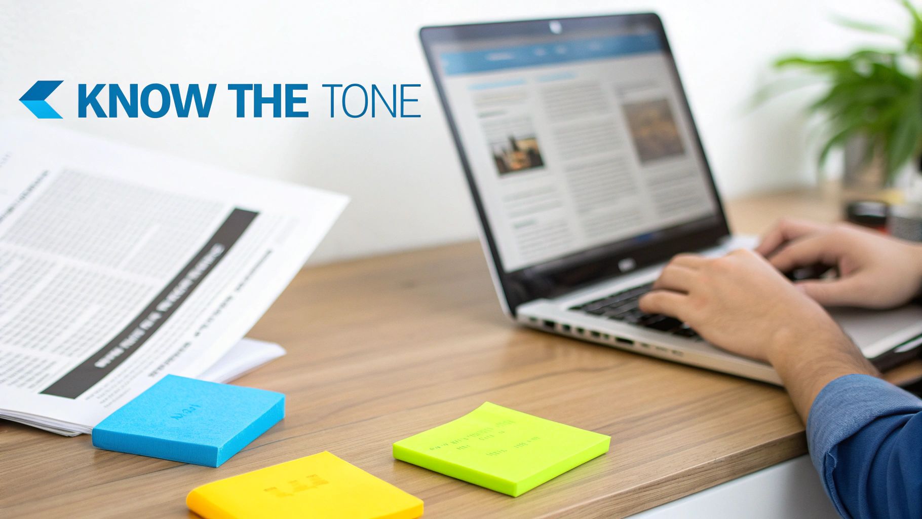 Person typing on laptop with colorful sticky notes and documents on wooden desk workspace