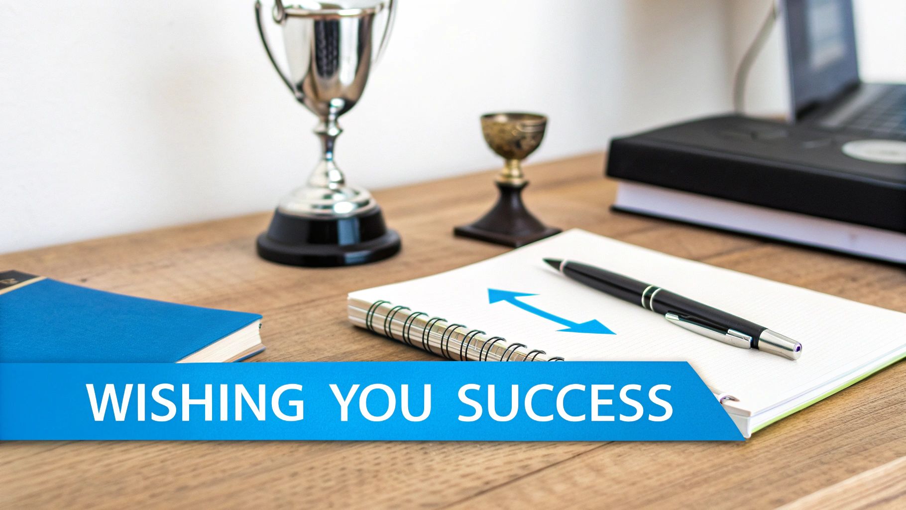 A desk with a blue book, two trophies, a laptop, and a notepad with a pen, featuring a 'Wishing You Success' banner.