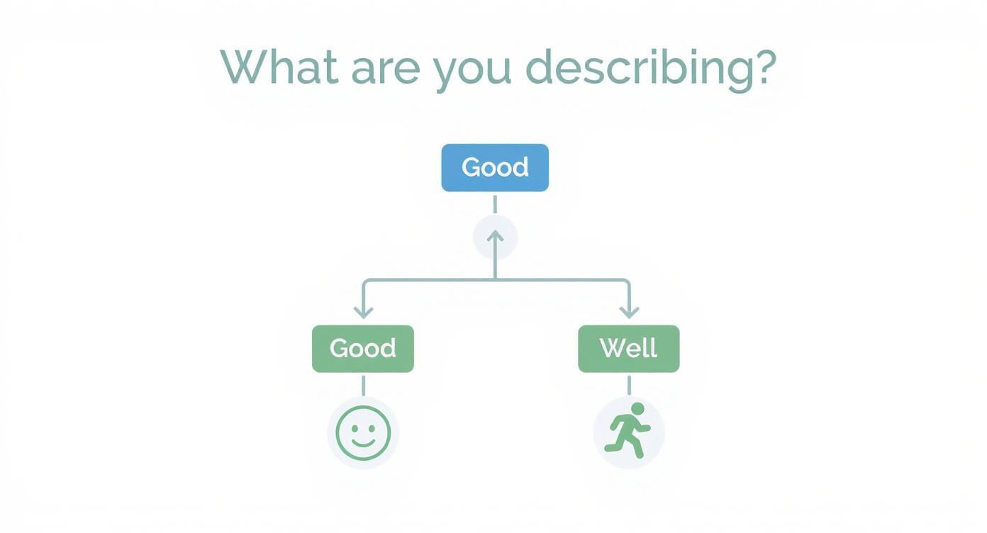 Flowchart distinguishing 'Good' from 'Well' with examples of feeling happy and running.
