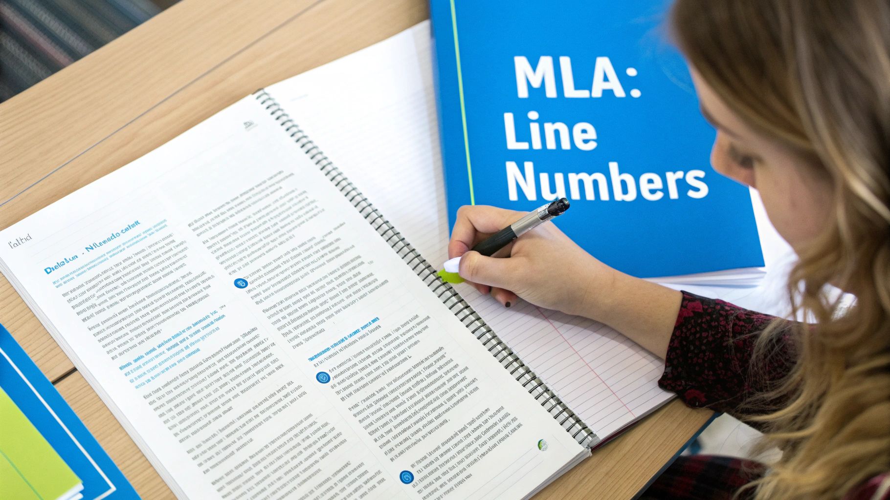 A student writes in a spiral-bound notebook next to an MLA Line Numbers textbook.