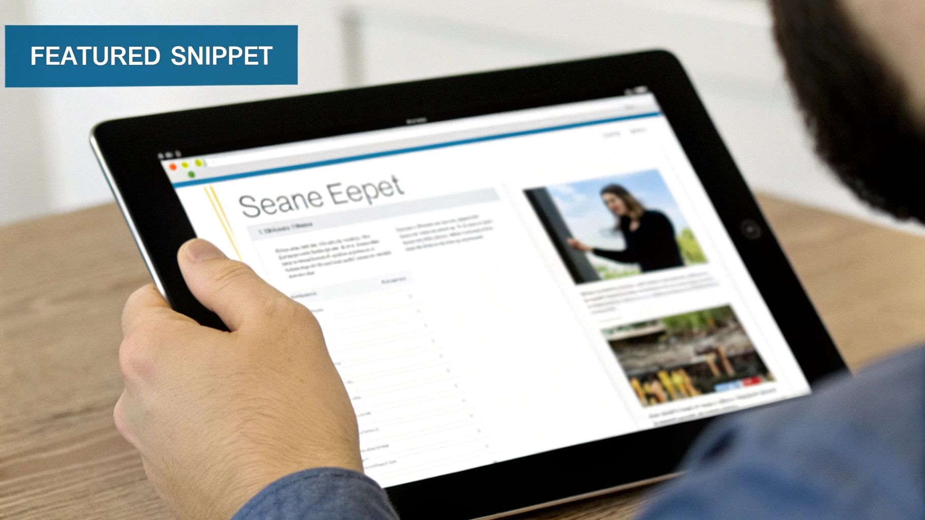 A person holds a tablet displaying a webpage with text and images, labeled 'FEATURED SNIPPET'.