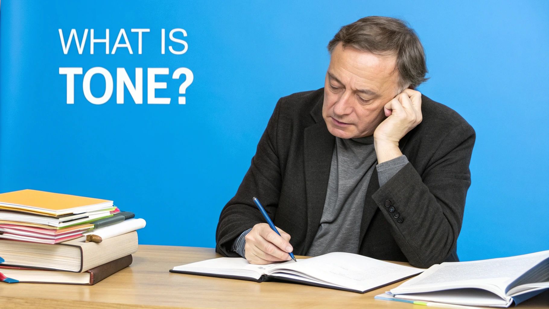 A person writing in a notebook, symbolizing the deliberate choice of tone.