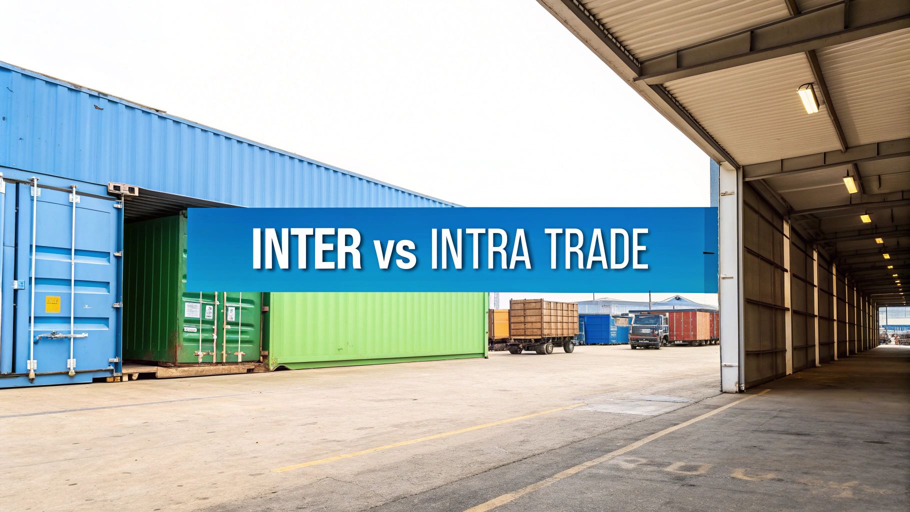 Shipping containers and trucks in a logistics yard, illustrating the concept of 'INTER vs INTRA TRADE'.