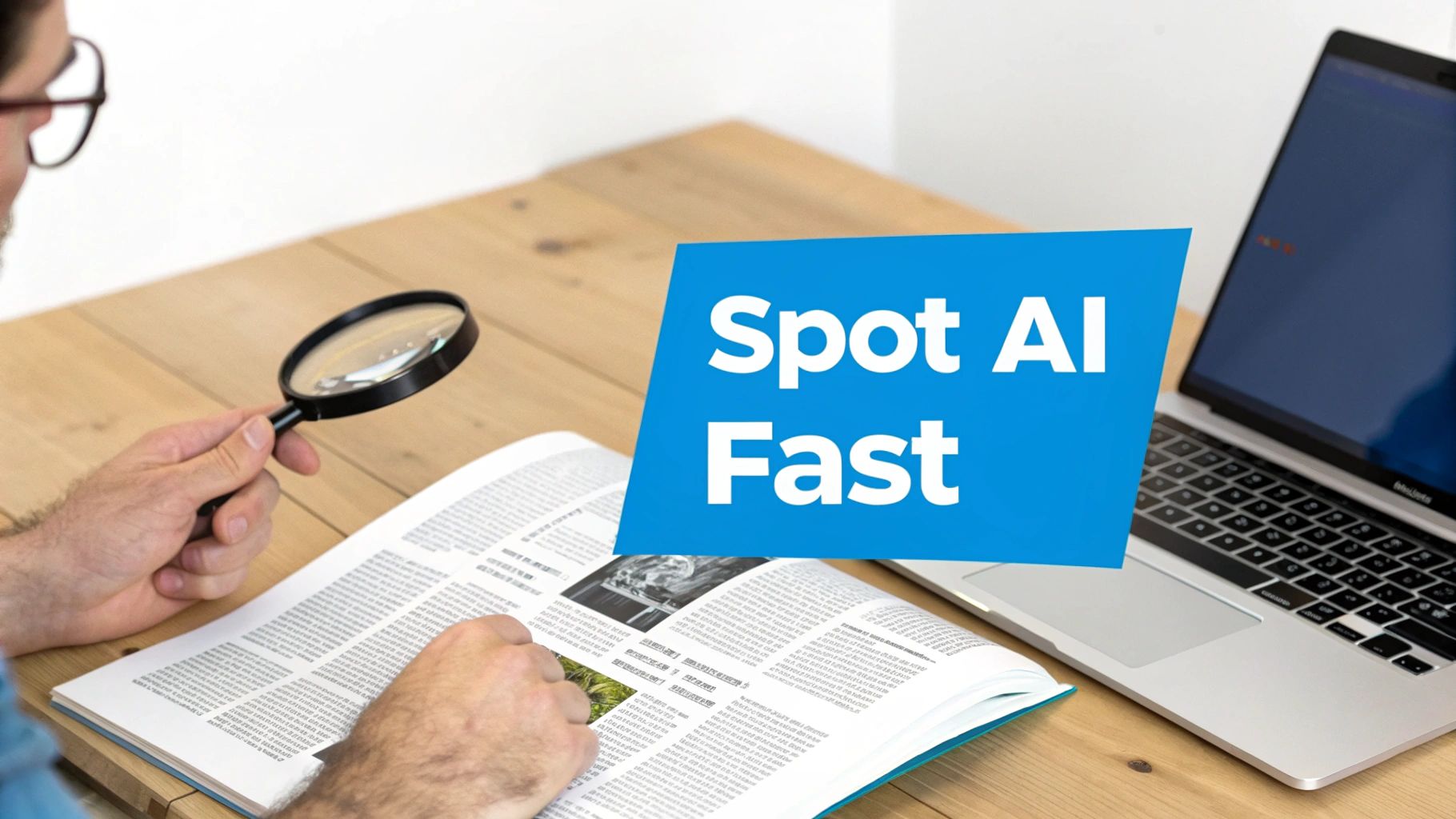 A person closely examining a document with a magnifying glass, looking for signs of AI-generated content.