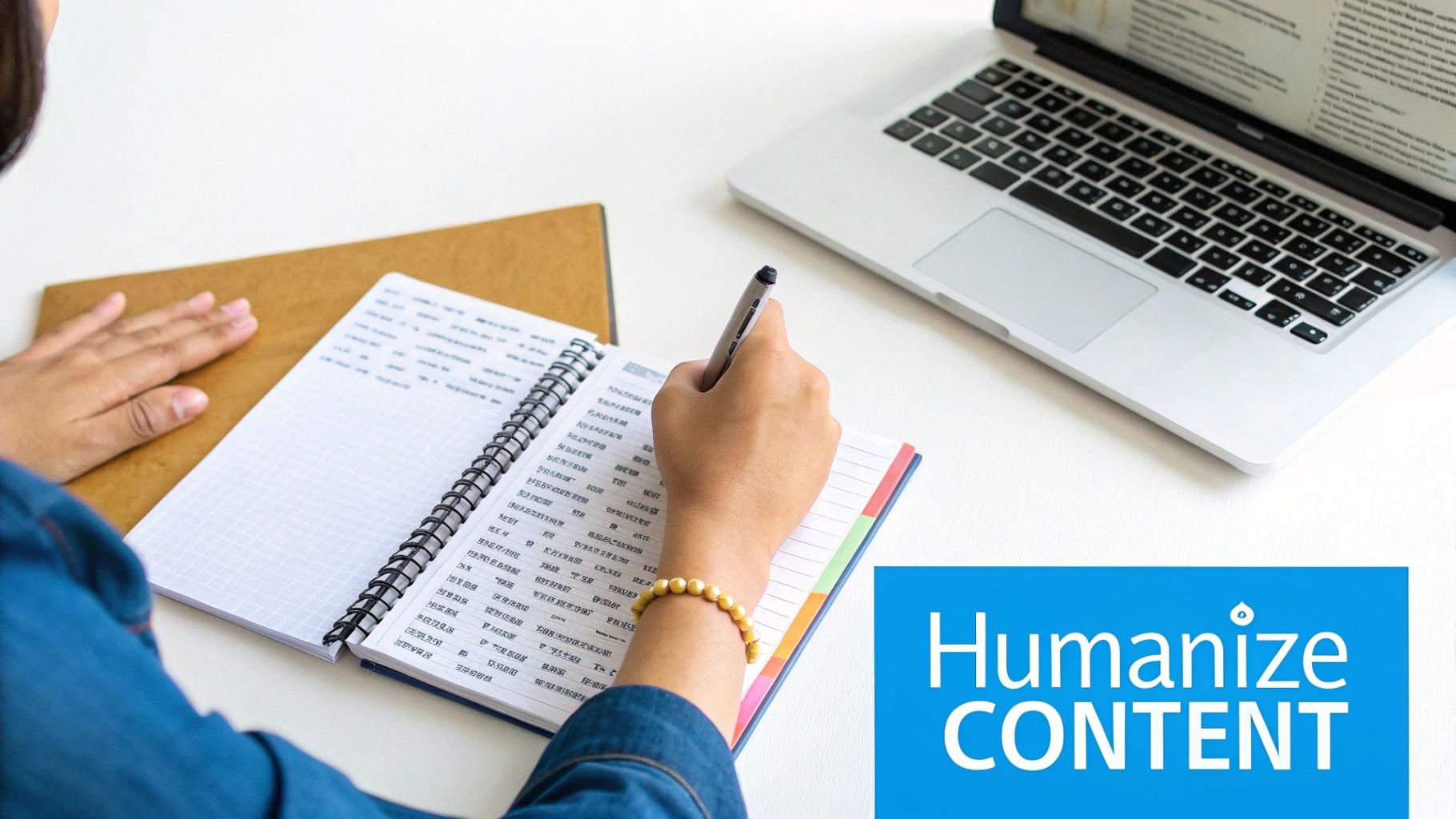 A person writes notes in a spiral notebook with a pen, a laptop, and text 'Humanize CONTENT'.