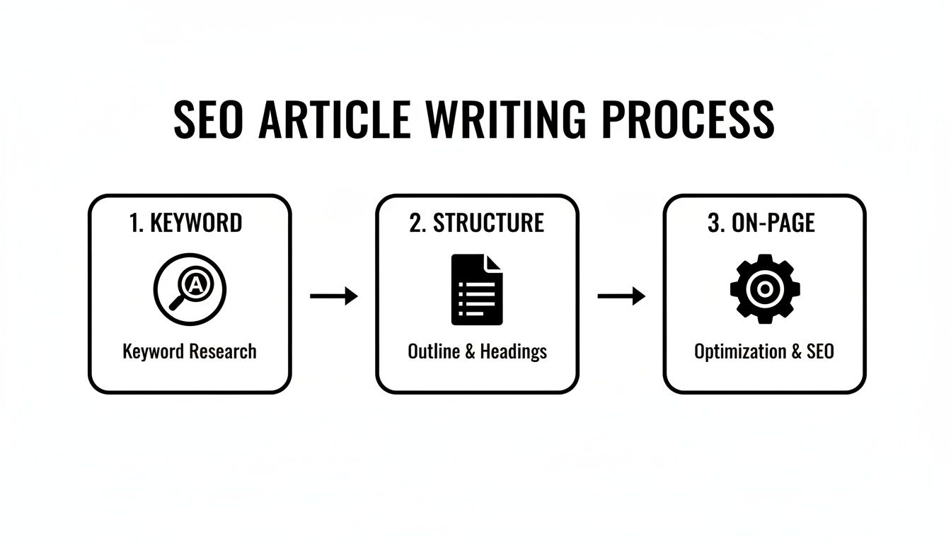A three-step infographic illustrating the SEO article writing process: keyword research, outline, and on-page optimization.