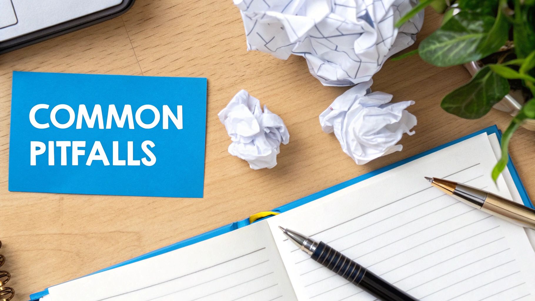 A blue card displaying 'COMMON PITFALLS' on a wooden desk with crumpled papers and pens.