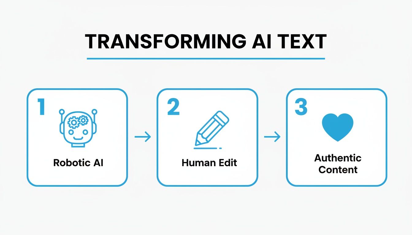 Infographic showing three steps to transform robotic AI text into authentic content through human editing.