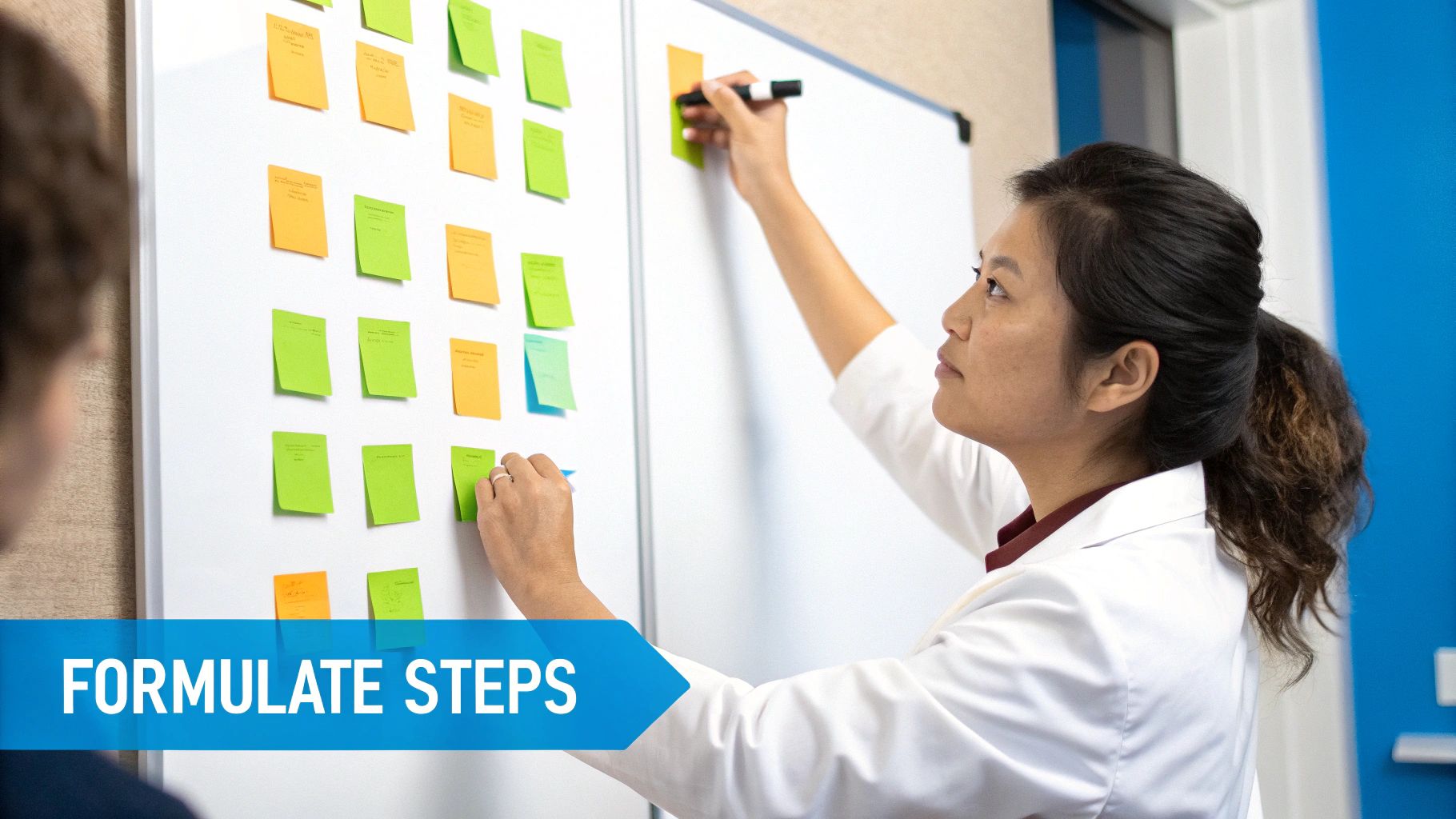 A person using a magnifying glass to inspect a complex diagram, symbolizing the detailed work of identifying variables.