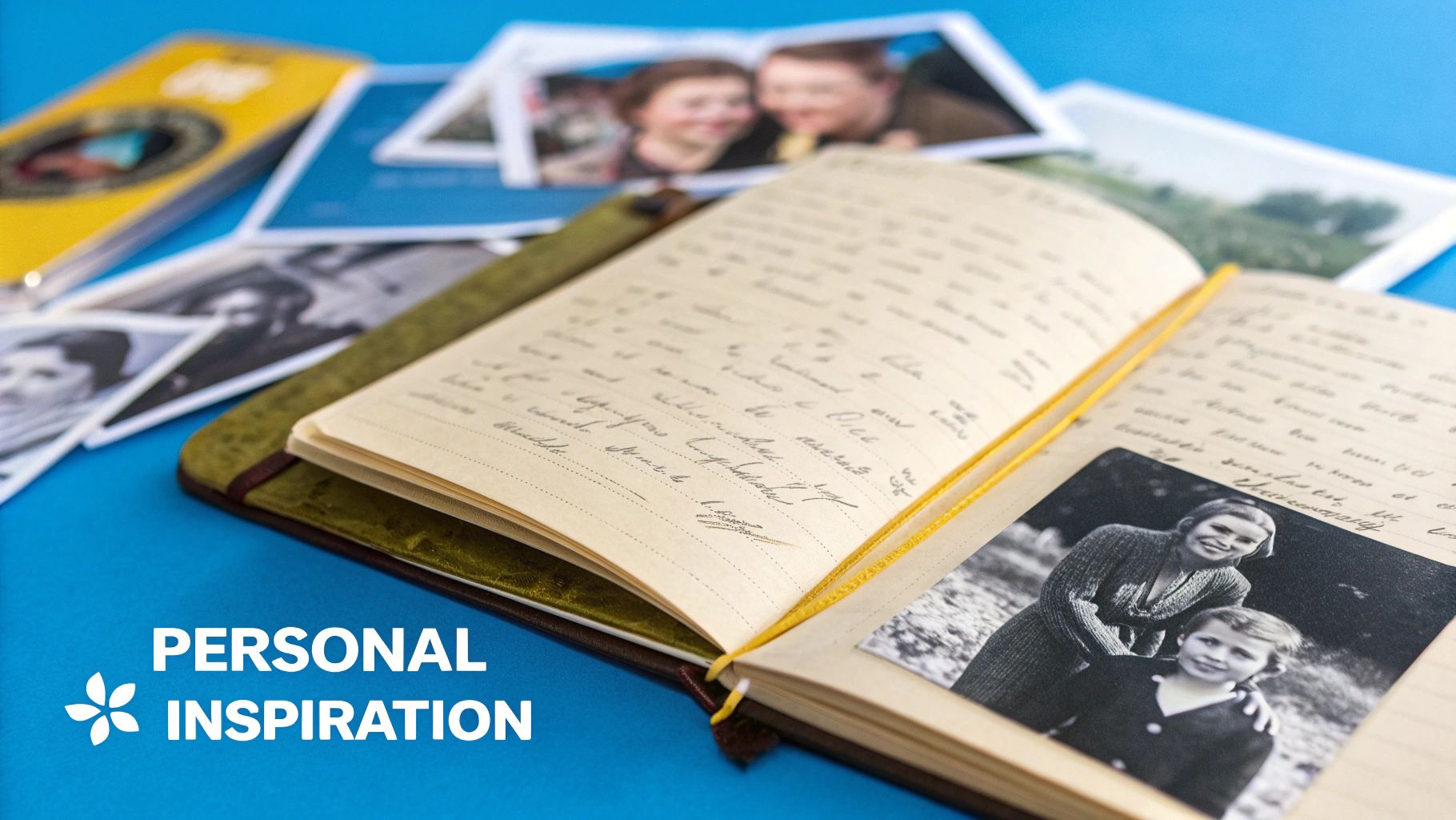 A person looking thoughtfully at old photographs spread out on a wooden table.