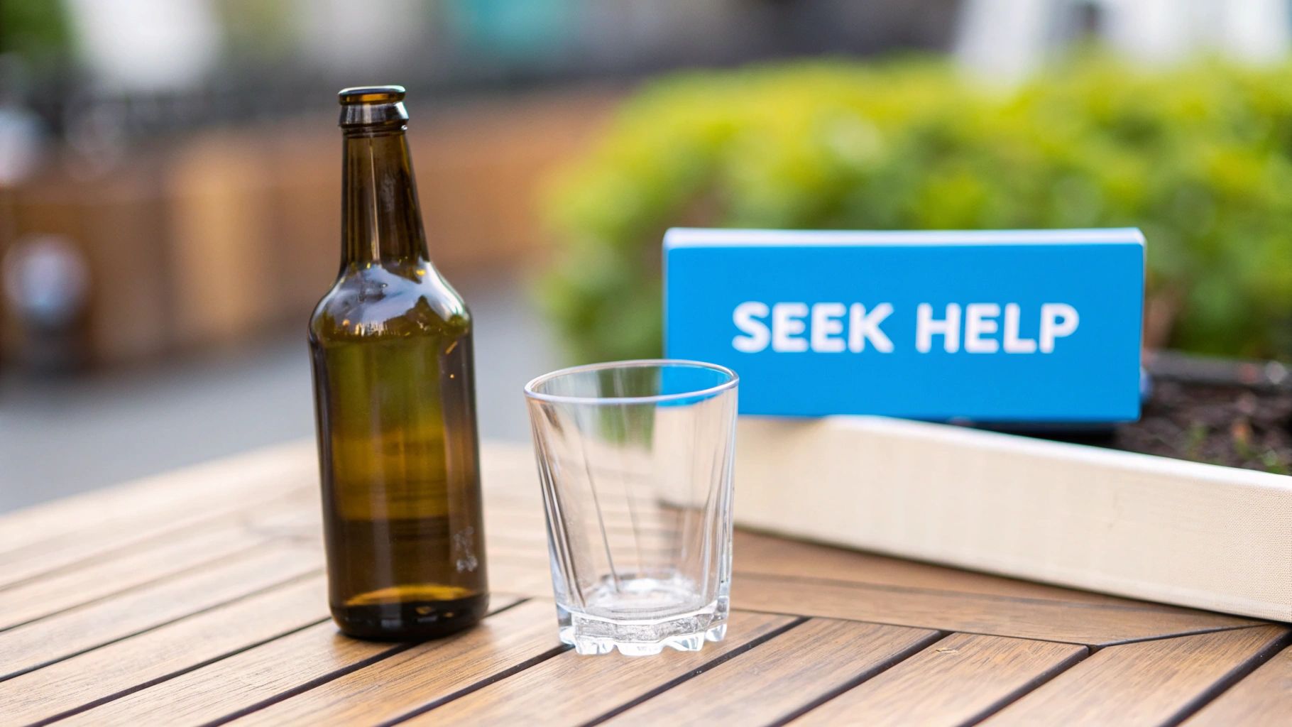 An empty beer bottle and glass sit on a wooden table, with a blue 'SEEK HELP' sign in the blurred background.