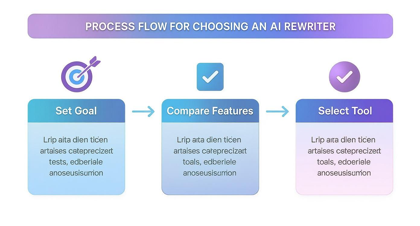 A process flow diagram showing three steps for choosing an AI rewriter: Set Goal, Compare Features, and Select Tool.