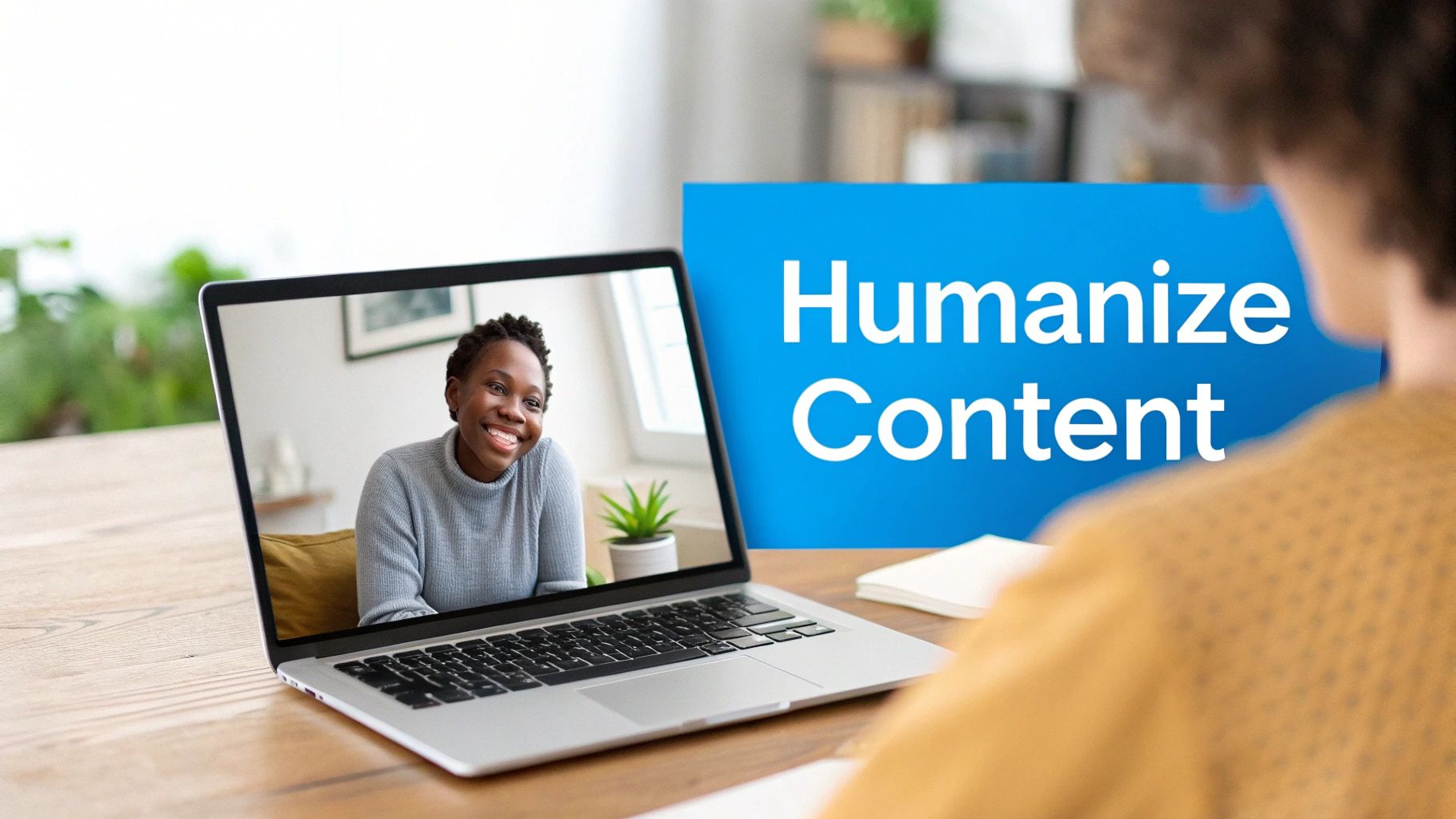 A person's hand drawing a human face over a robotic one, symbolizing the act of humanizing AI.