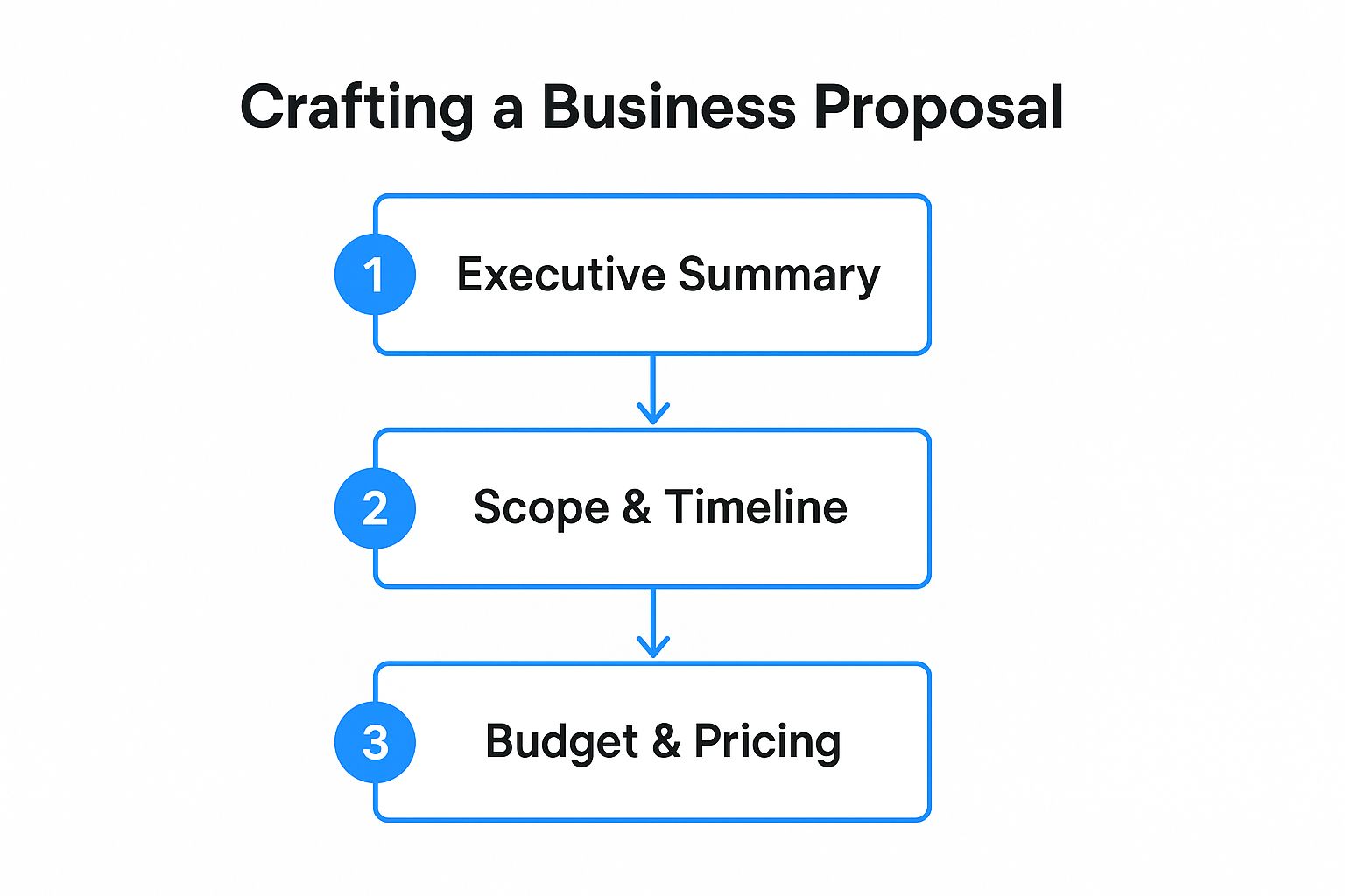 Infographic showing the three core steps of a business proposal: Executive Summary, Scope & Timeline, and Budget & Pricing.