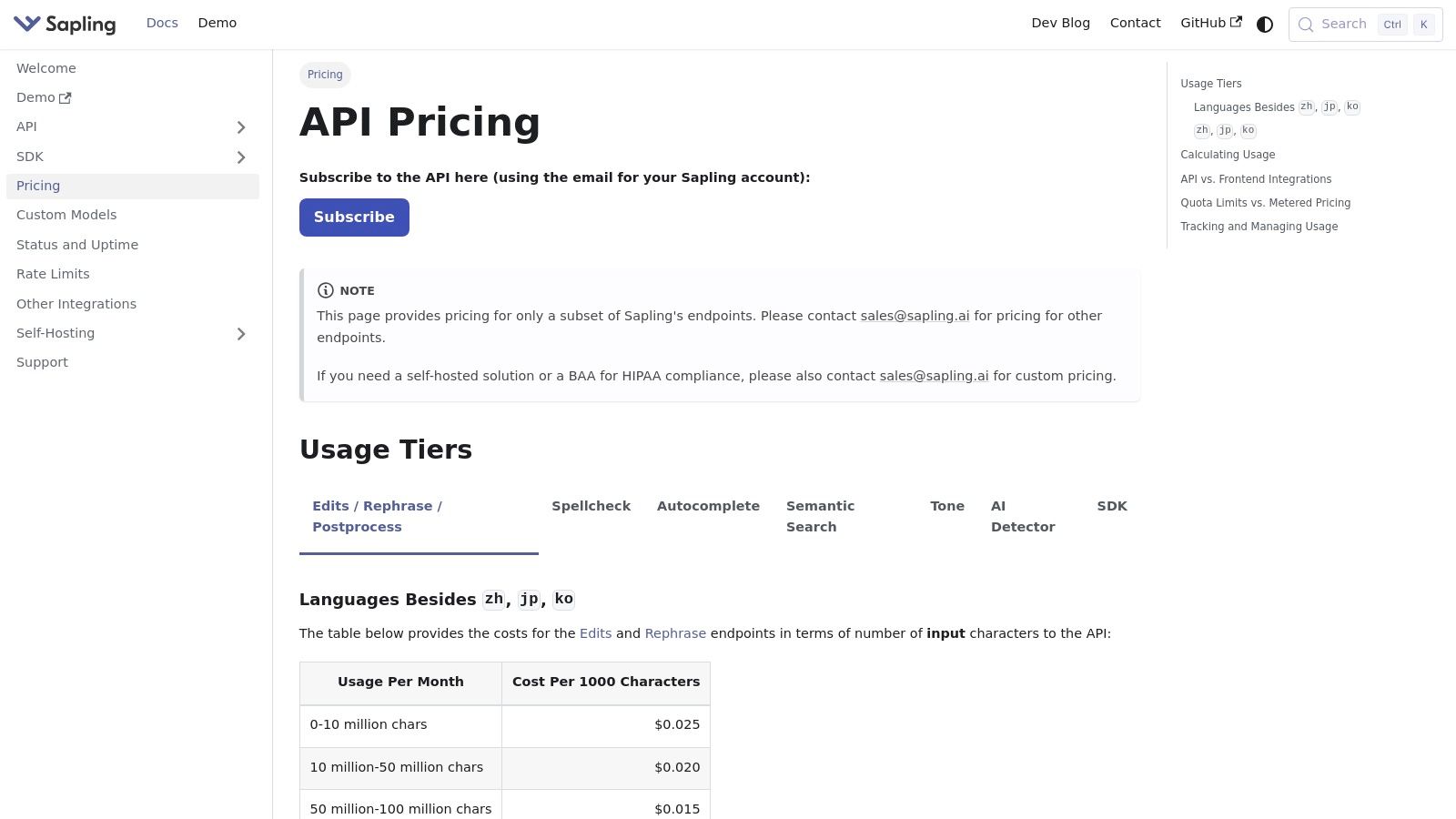 Sapling.ai API pricing