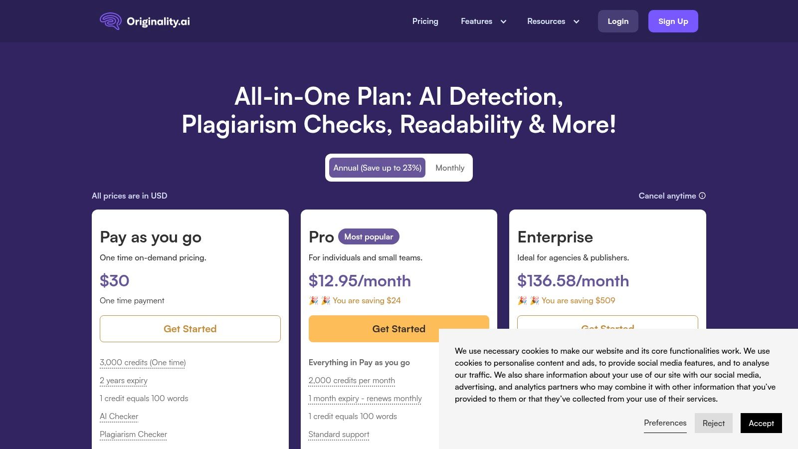 Originality.ai pricing plans