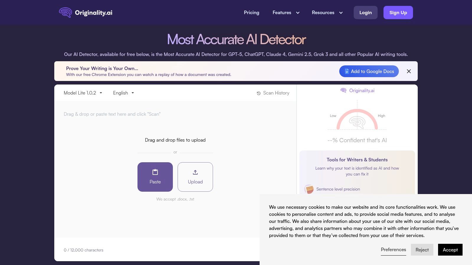 Originality.ai's AI detection interface showing a scan result