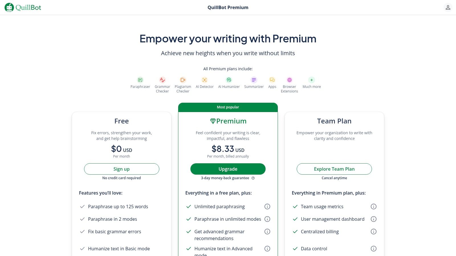QuillBot – Paraphraser with 'Humanize' options