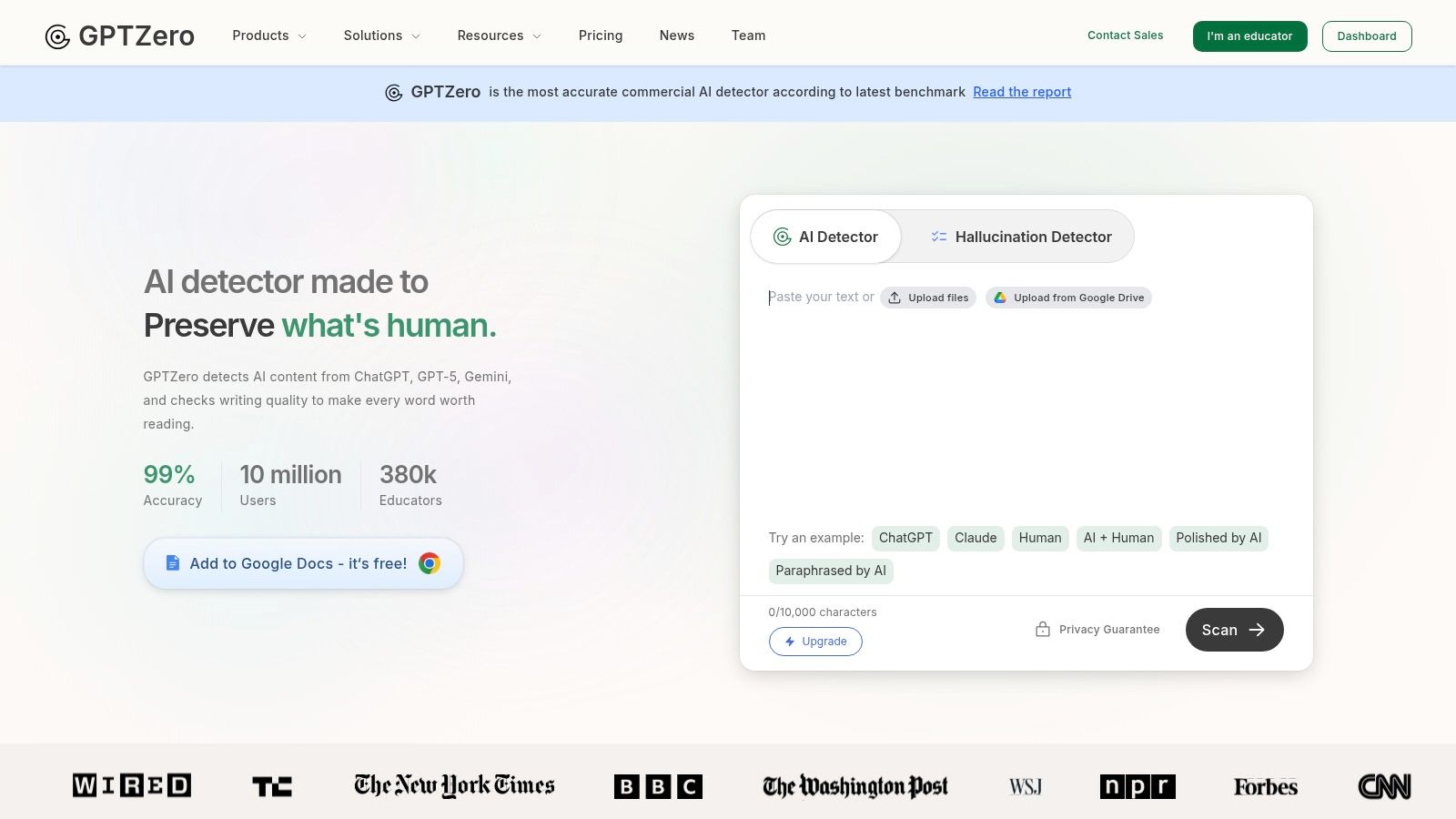 GPTZero's interface showing a detailed scan result with highlighted text