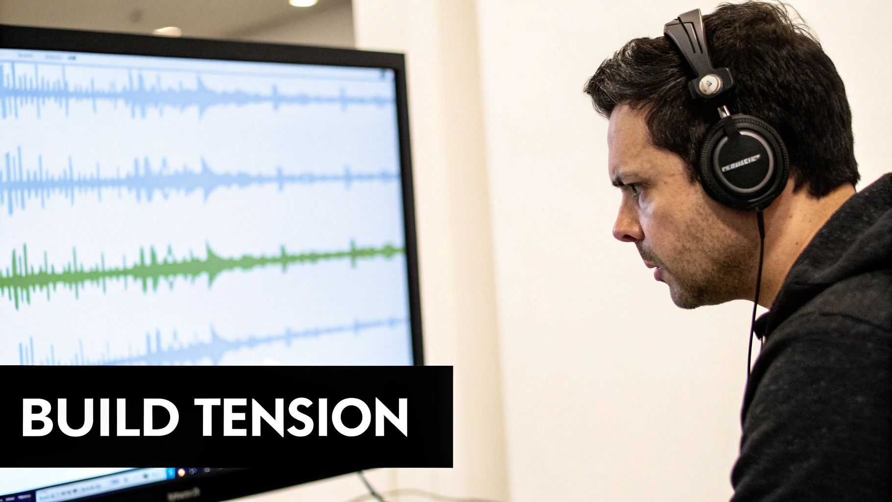 A sound engineer mixing audio on a large console, illustrating the creation of dramatic sound effects.