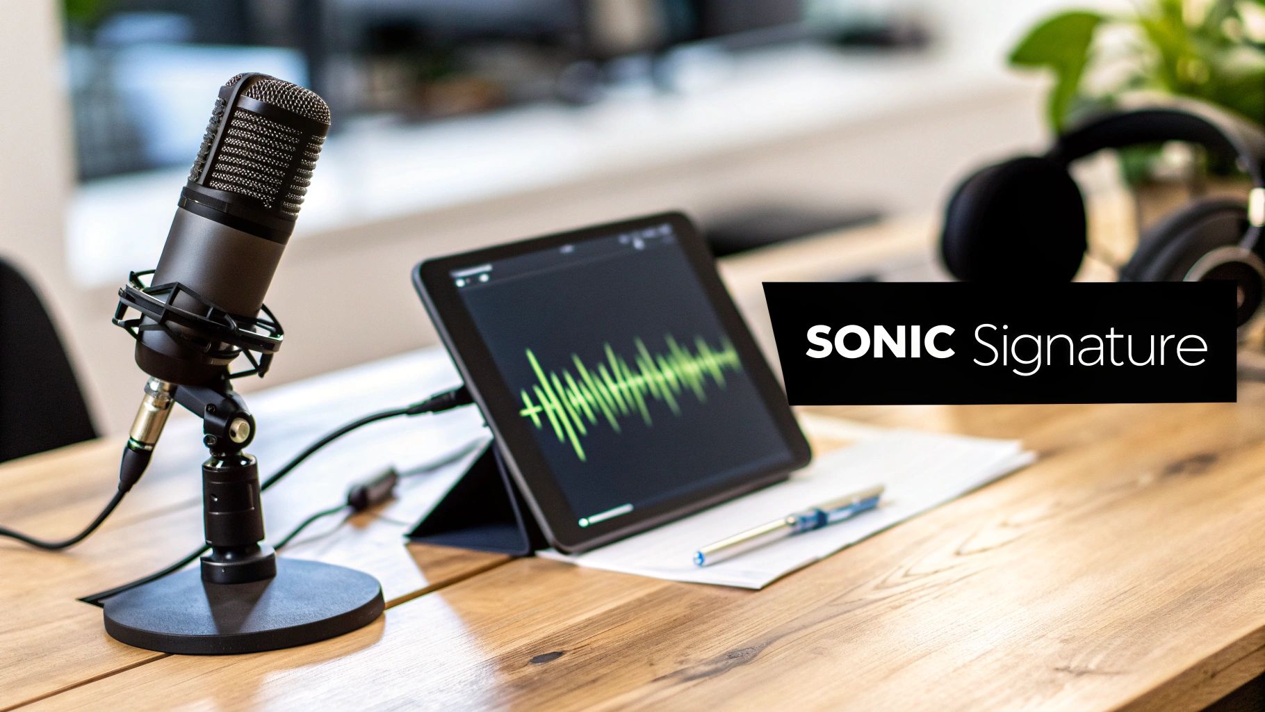 A podcast studio setup featuring a microphone, tablet with a sound wave, and headphones on a wooden desk.