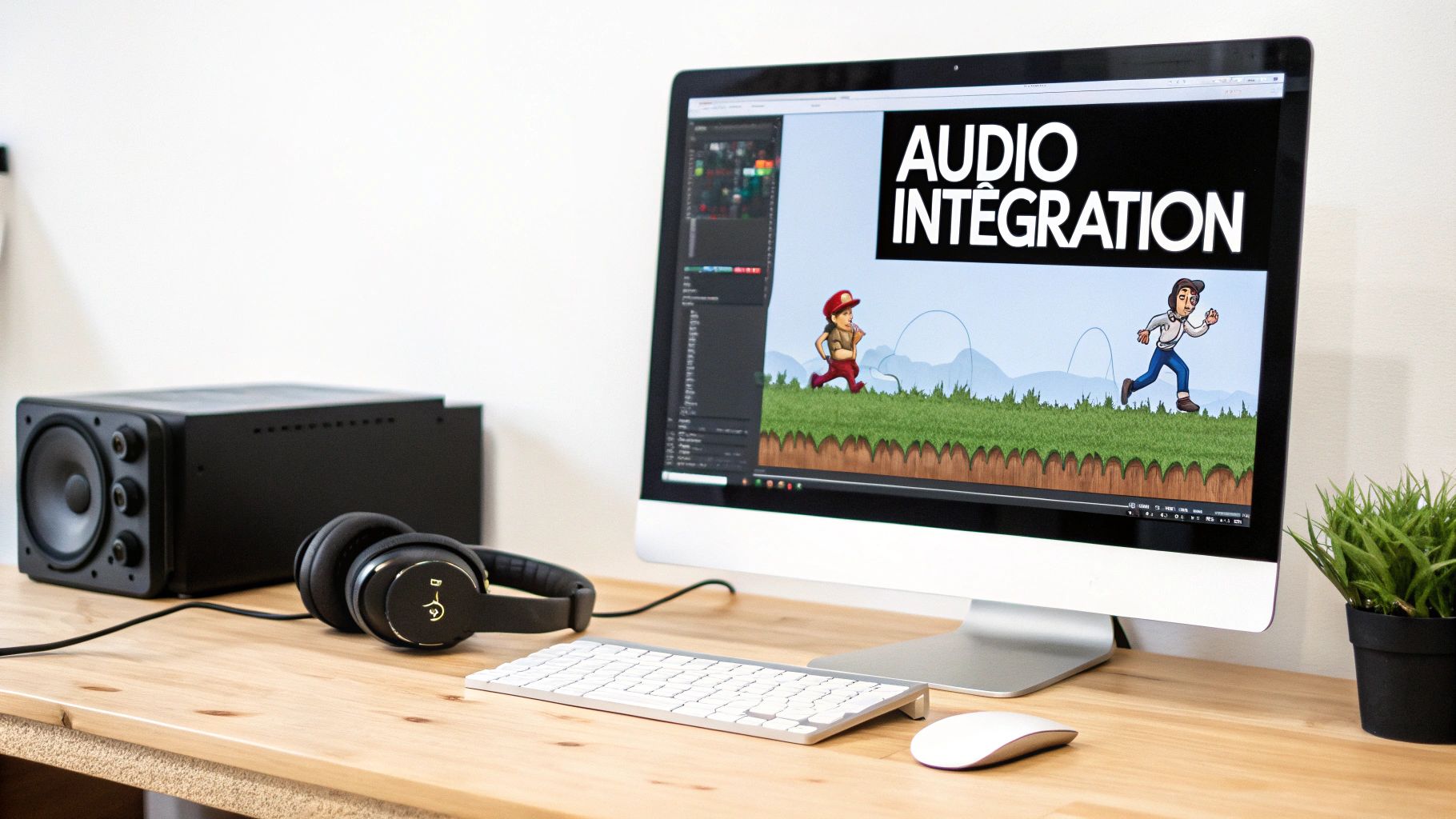 A game developer working on sound implementation in a game engine, with code and audio waveforms visible on screen.