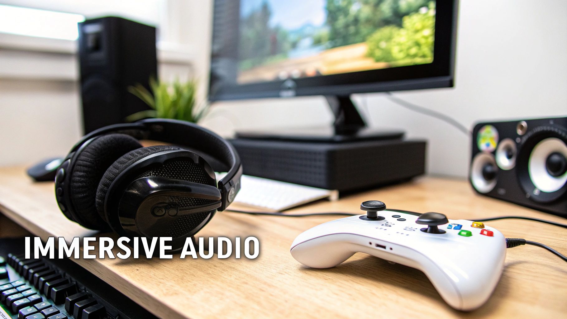 A close-up of a gaming setup with black headphones, a white controller, and a monitor.