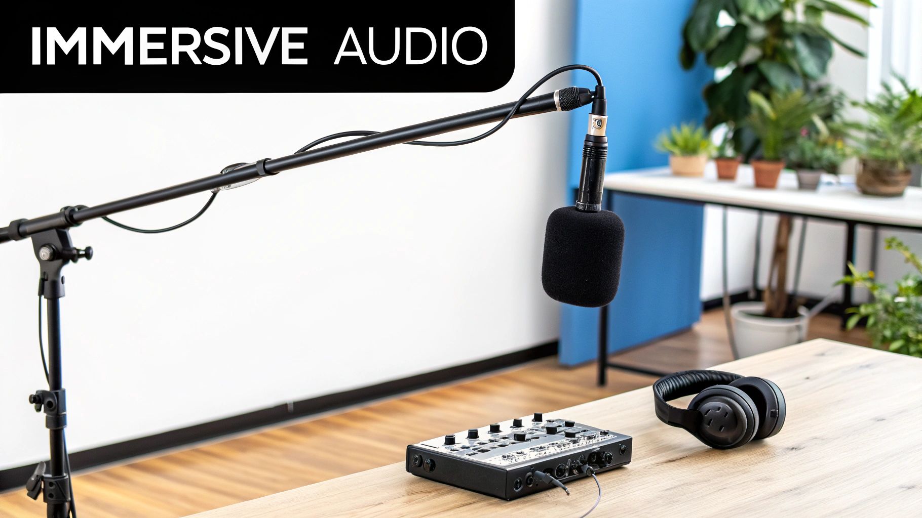 Professional audio recording setup with a boom microphone, mixer, and headphones for immersive sound.