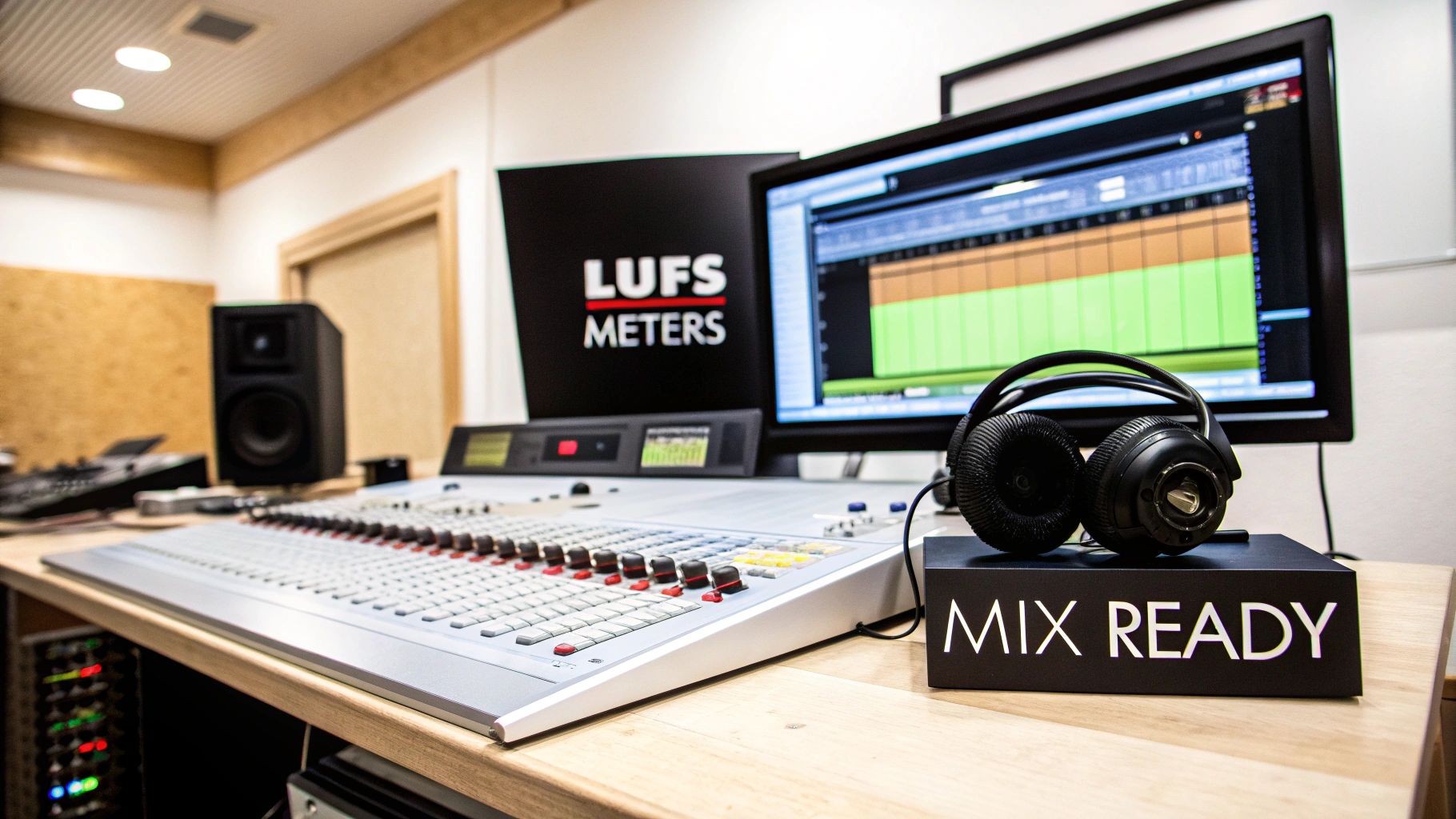 A professional audio mixing studio with a large console, dual monitors, headphones, and a 'MIX READY' box.