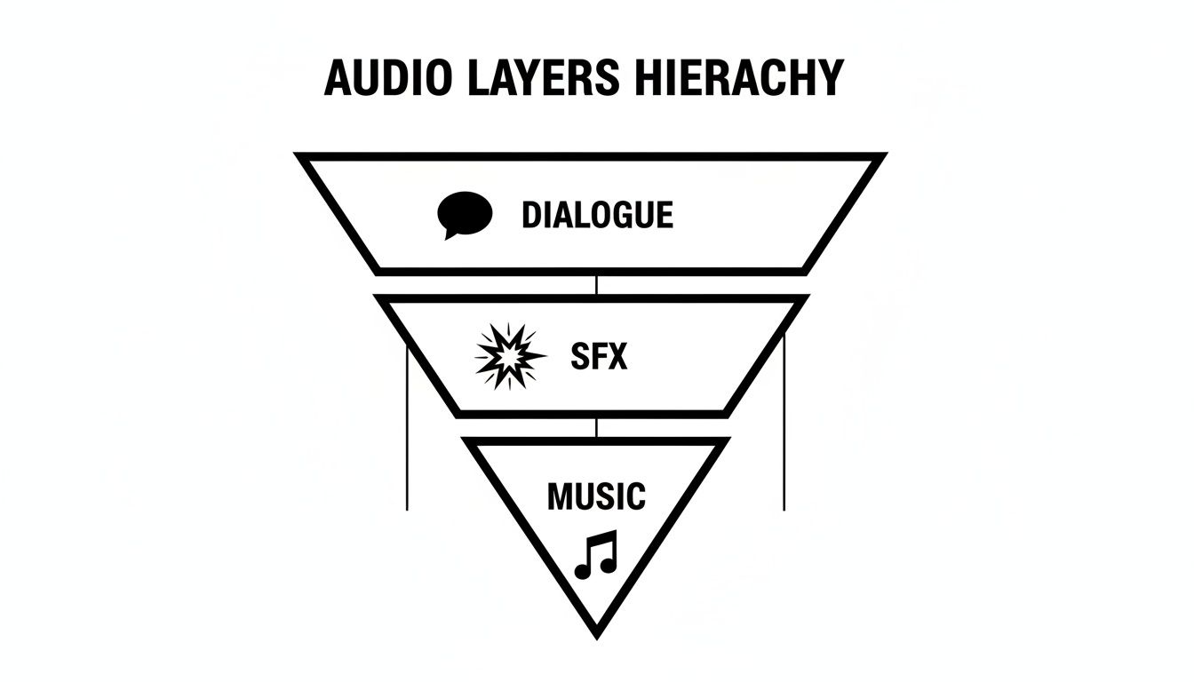 An inverted pyramid illustrating audio layers hierarchy: Dialogue, SFX, and Music from top to bottom.