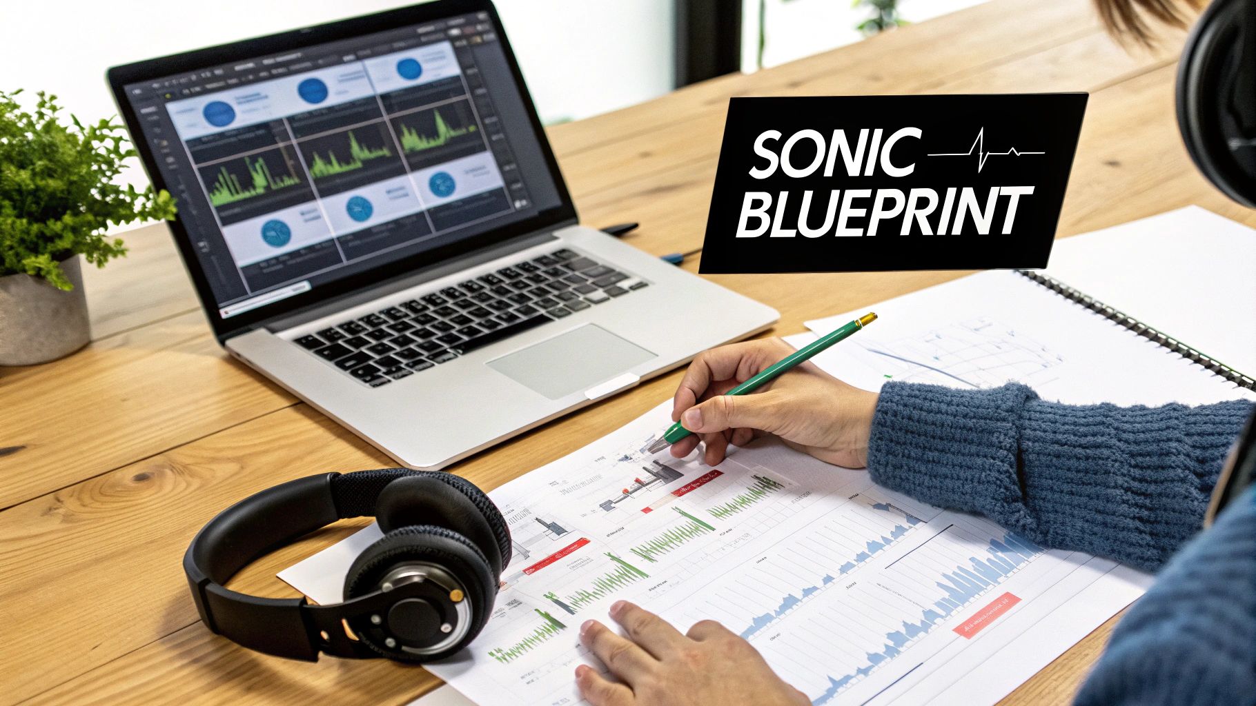 Person analyzing sound data and metrics on a laptop and printed documents at a desk.